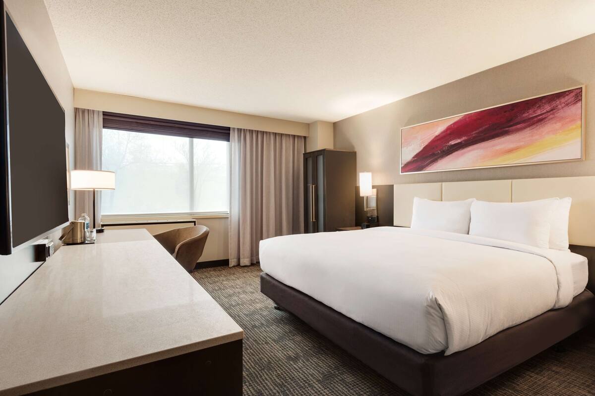 A hotel room with a large bed, a desk, a chair, a TV, and a painting on the wall.