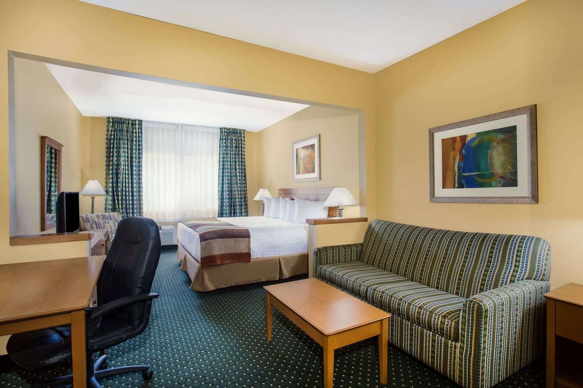Ein Hotelzimmer mit einem Bett, einer Couch, einem Schreibtisch, einem Stuhl, einem Spiegel und einem Bild an der Wand.