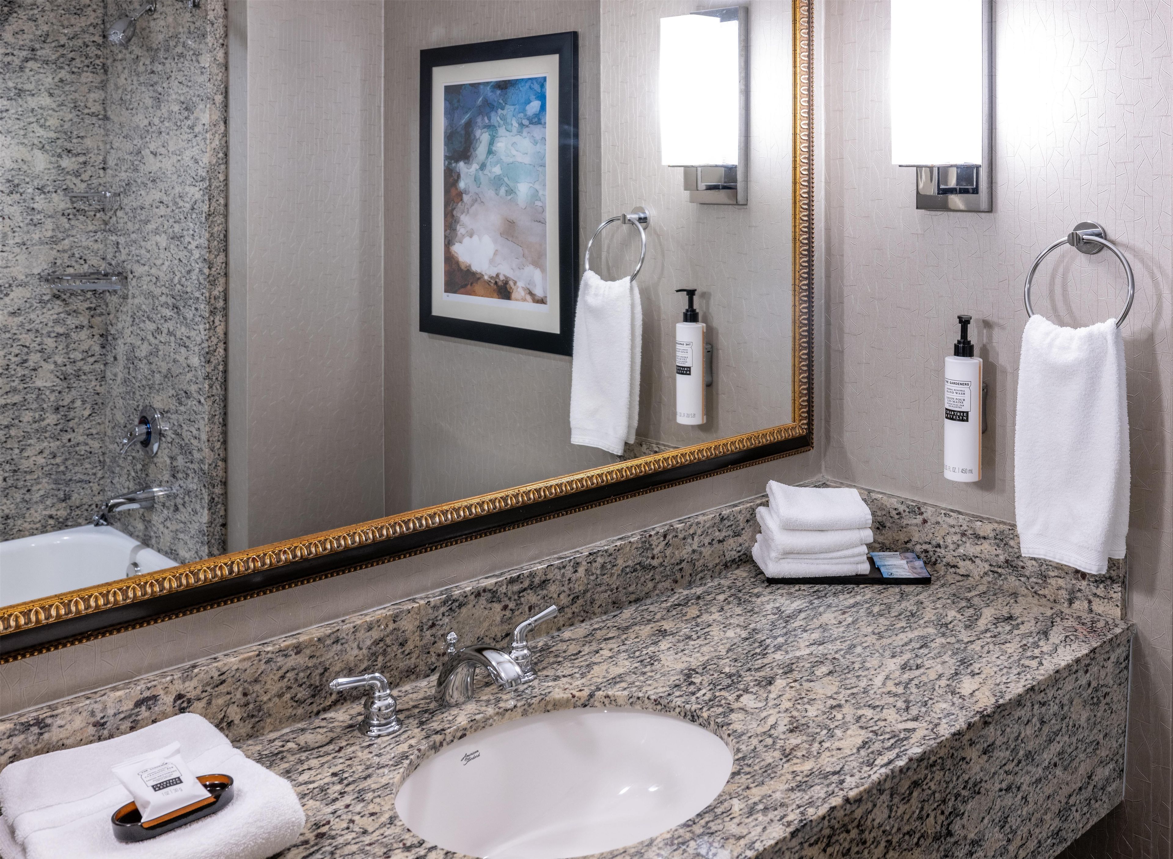 Une salle de bain avec un comptoir en granit, un lavabo, un miroir avec un cadre doré, un porte-serviettes et un tableau encadré au mur.
