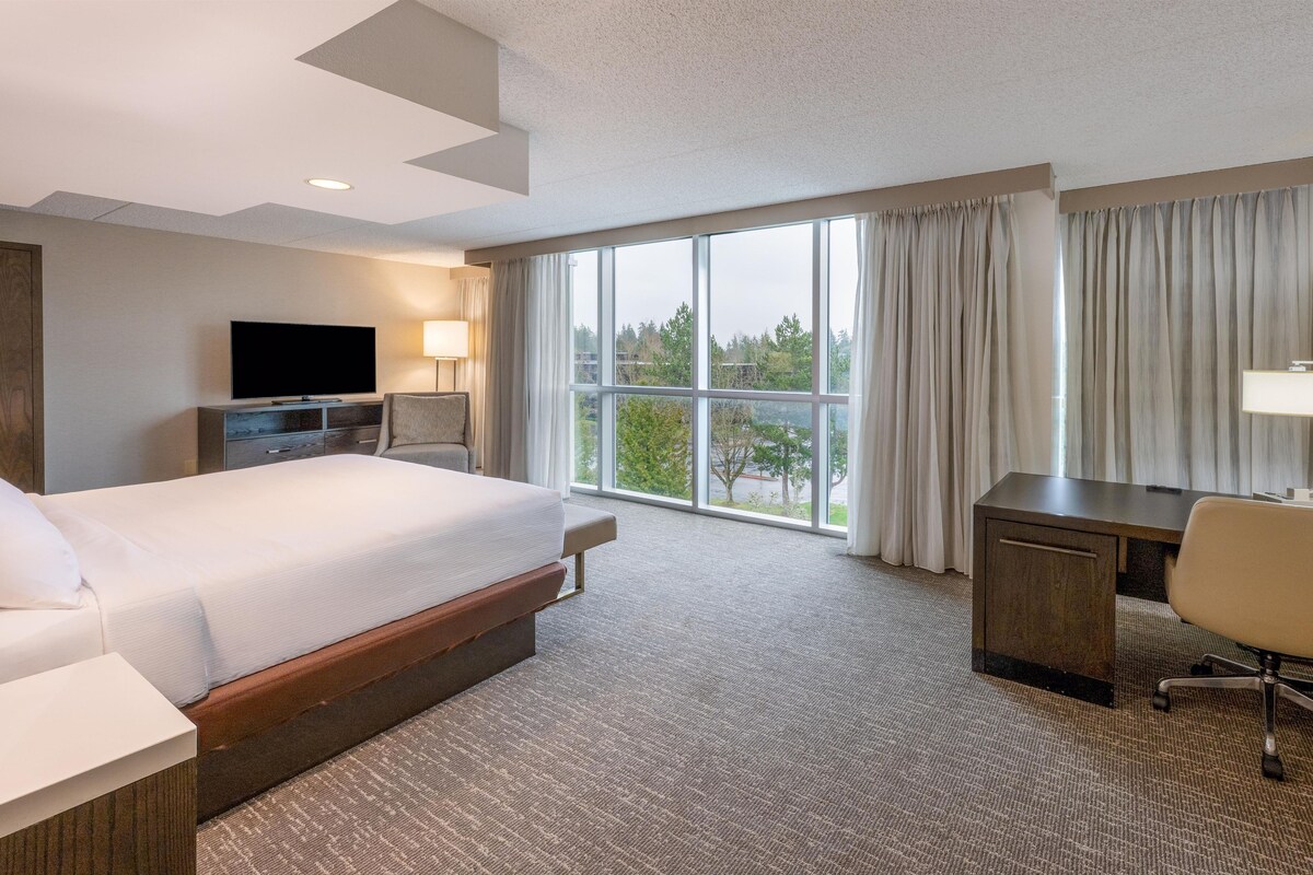 A hotel room with a large bed, a desk, a chair, a TV, and a window with curtains.