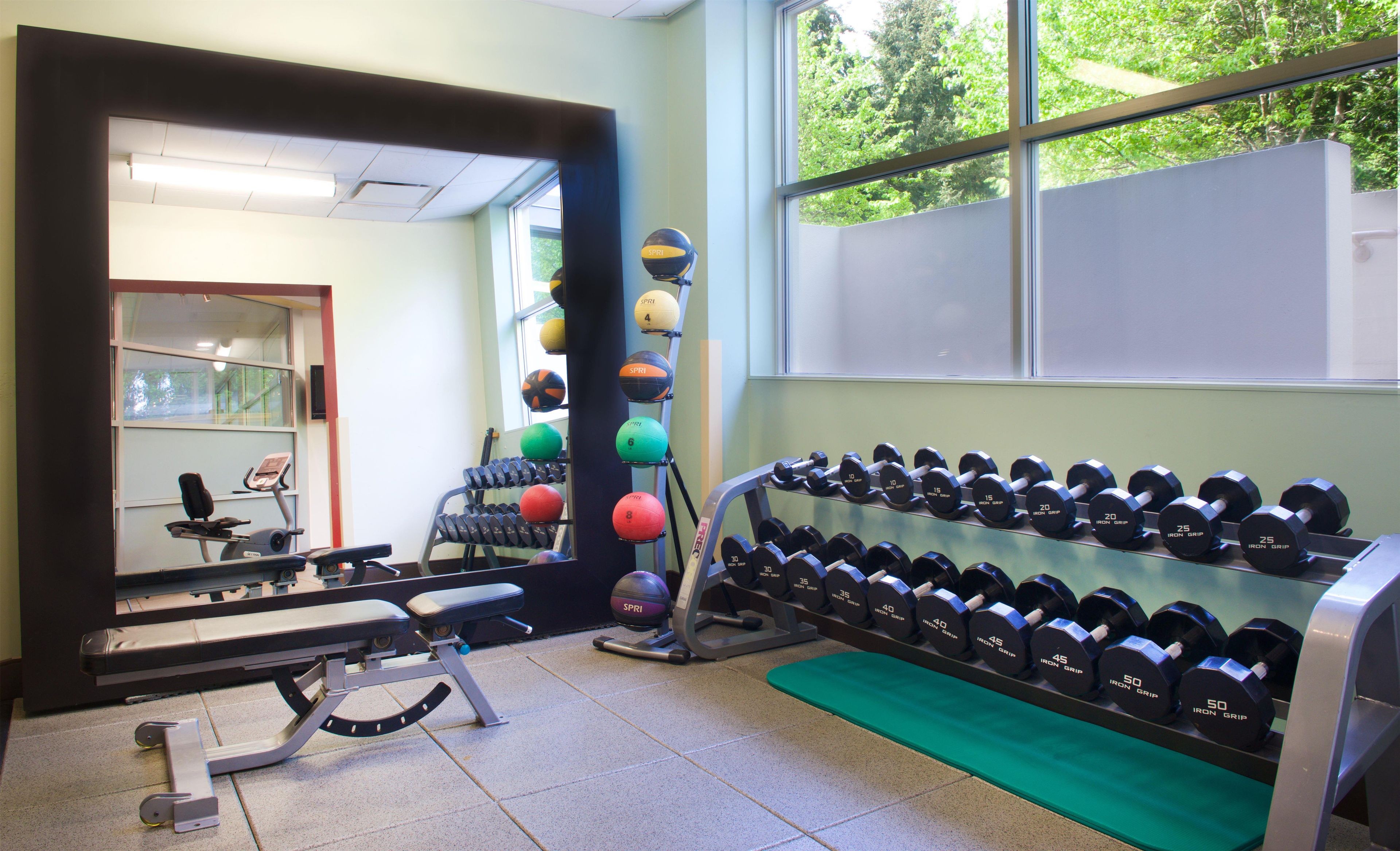Ein Fitnessstudio mit Trainingsgeräten, darunter Hanteln und ein Laufband.