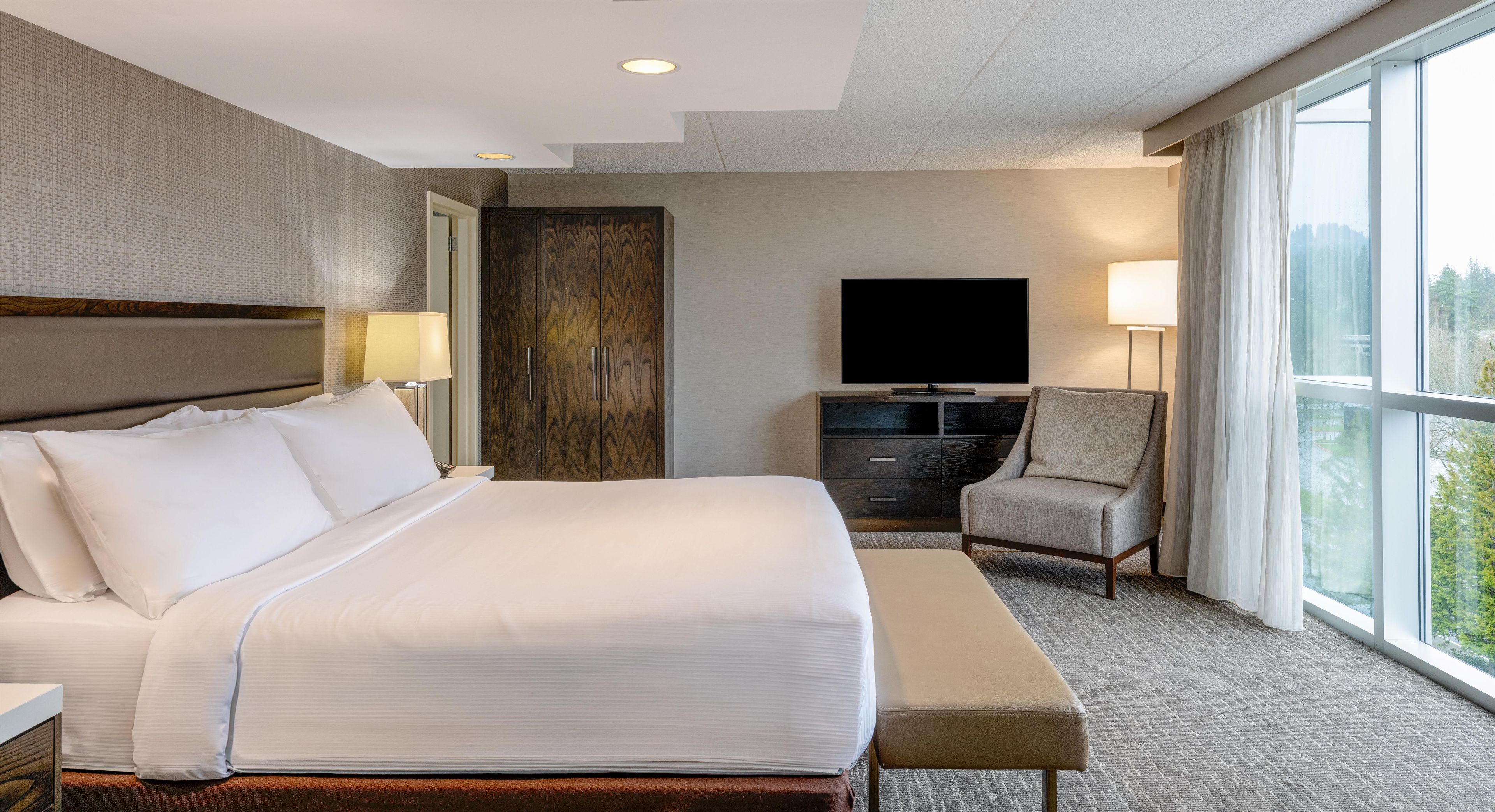 A hotel room with a large bed, a TV, a chair, and a window with a view.