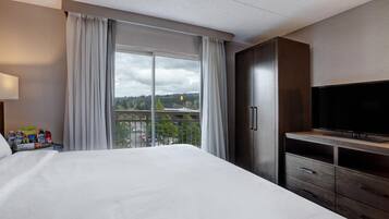 Habitación de hotel con una cama grande, televisor, minibar y vistas al exterior.