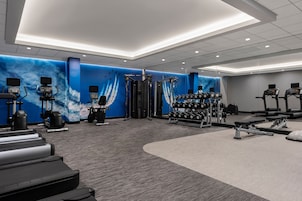 A modern gym with treadmills, weight machines, and a wall with a blue sky design.