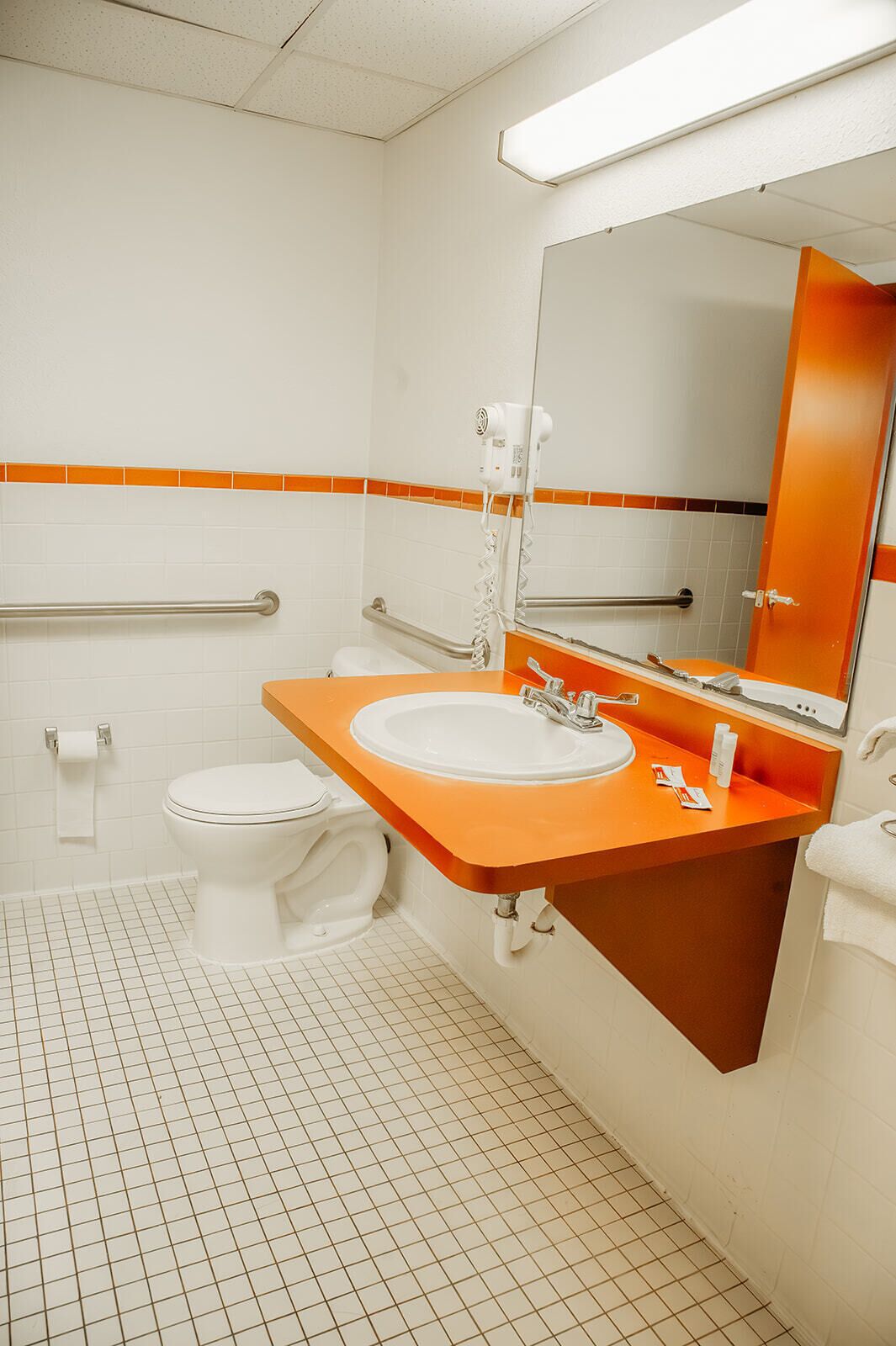 A bathroom with a white toilet, an orange sink, and a mirror above it.