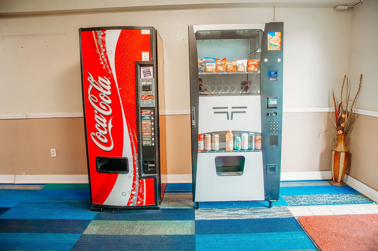 Dos máquinas expendedoras, una de Coca-Cola y otra con un logotipo genérico, en una habitación con alfombra azul y un jarrón con plantas secas.