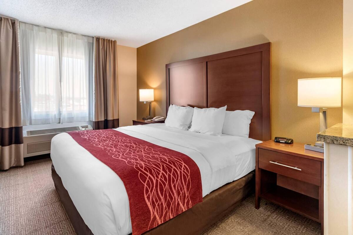 A hotel room with a large bed, a bedside table with a lamp, a nightstand, and a window with curtains.
