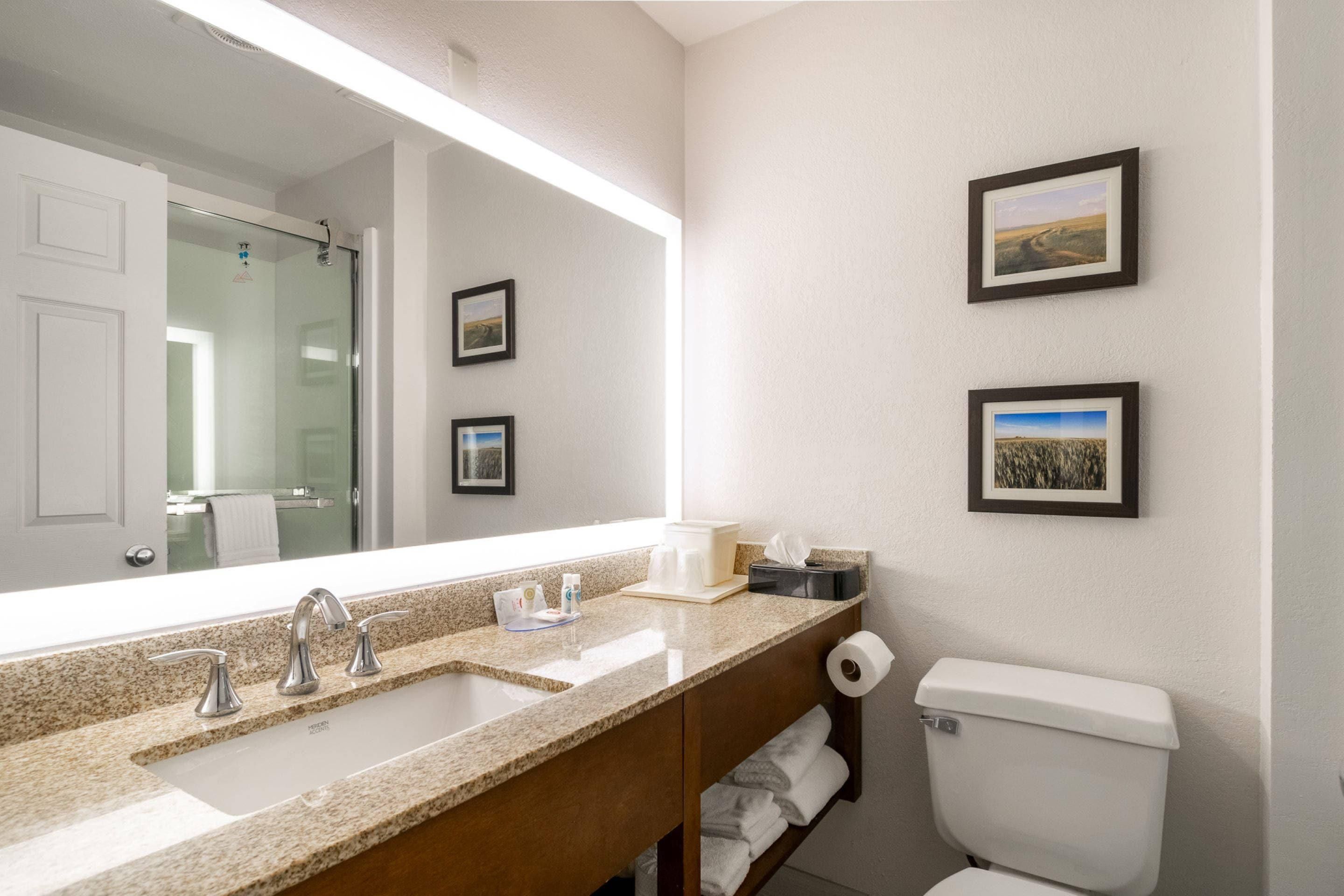 A bathroom with a large mirror, two sinks, a toilet, and framed pictures on the wall.