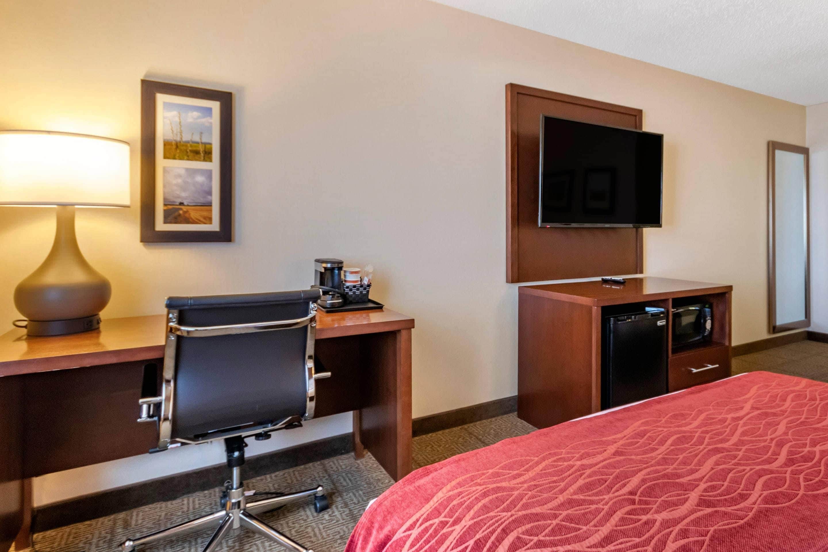 A hotel room with a bed, desk, chair, lamp, TV, and a microwave.