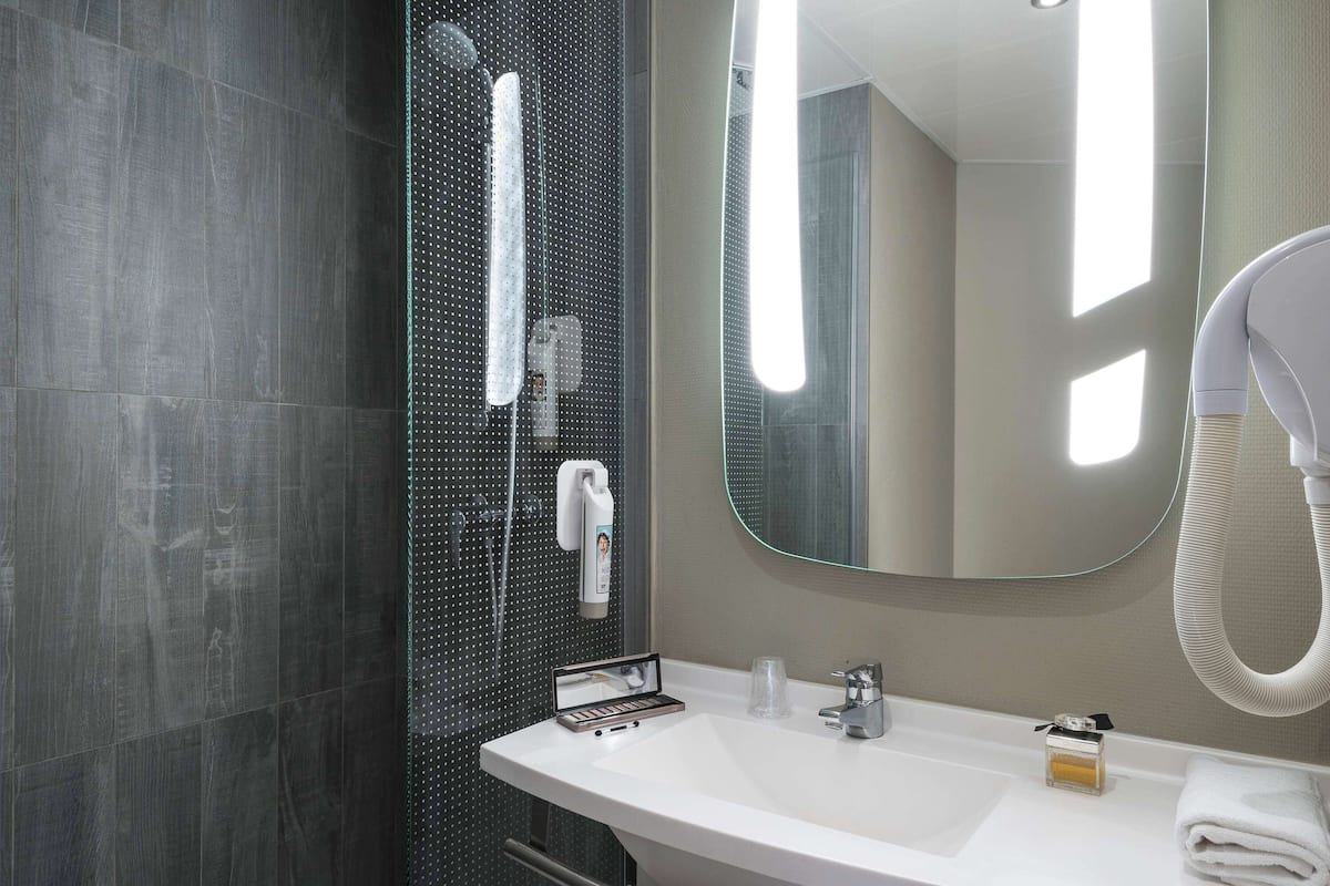 comfort room, 1 double bed | bathroom | shower, eco-friendly toiletries, hair dryer, towels