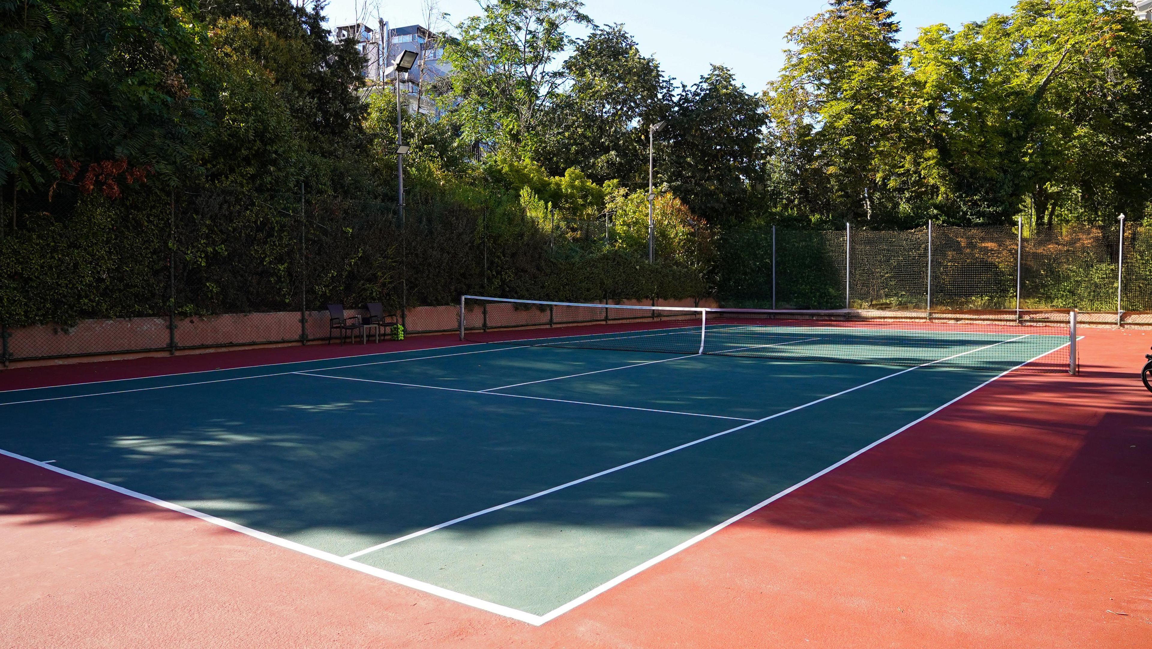 An outdoor tennis court with a net, surrounded by trees and a fence.