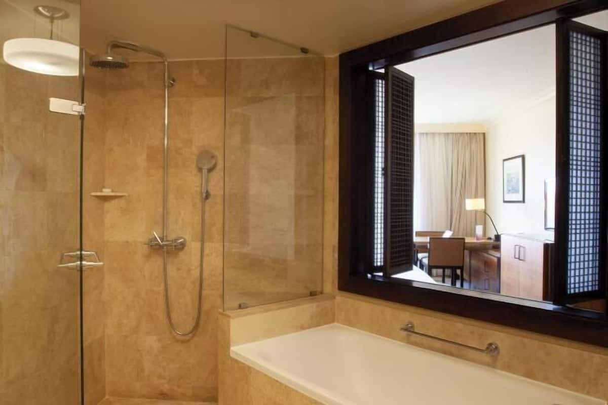 Combined shower/tub, deep soaking tub, free toiletries, hair dryer