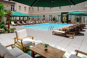 Outdoor pool, pool umbrellas, sun loungers