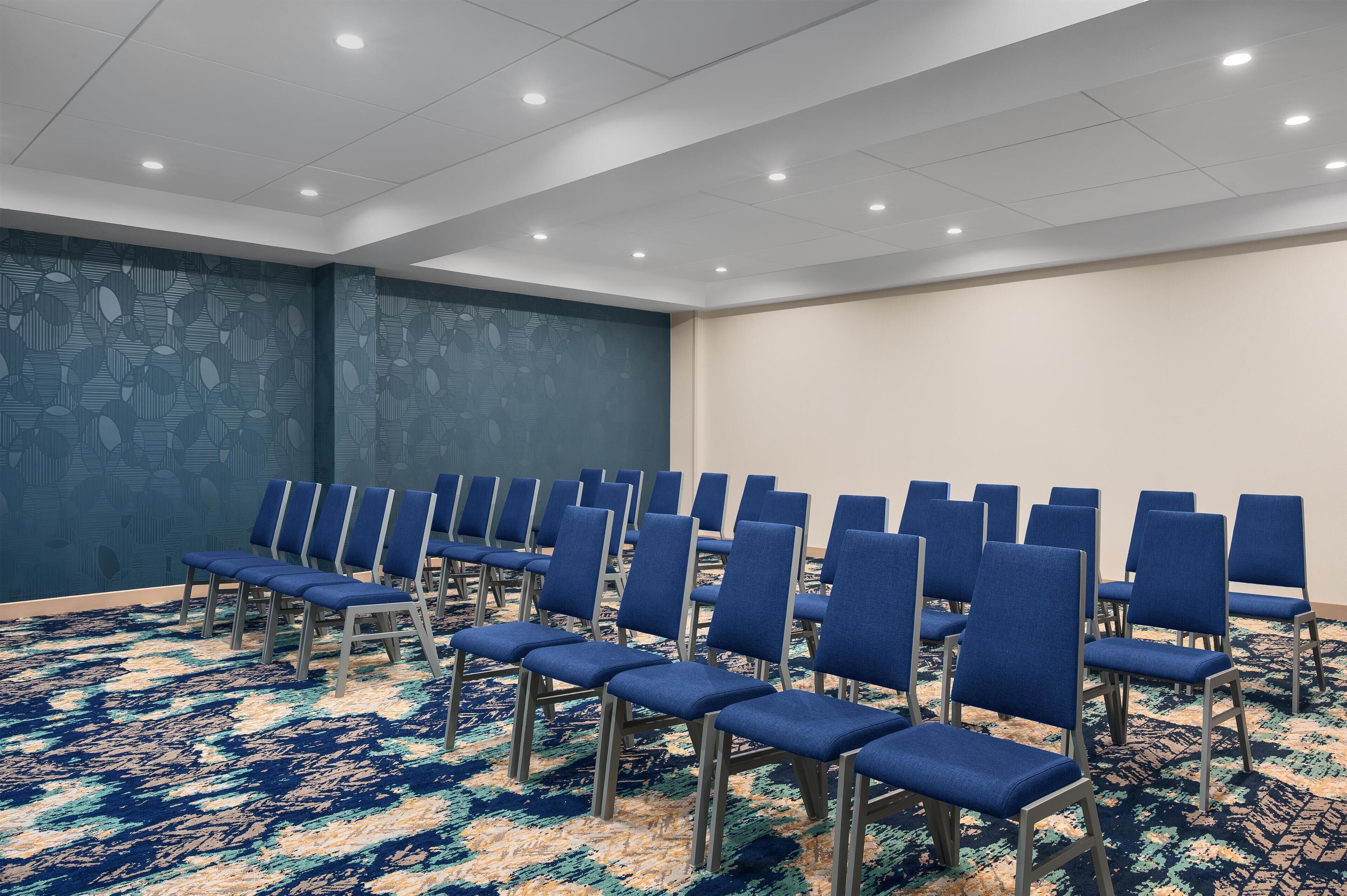 Ein Konferenzraum mit blauen Stuhlreihen, einem gemusterten Teppich und einer schlichten Wand.
