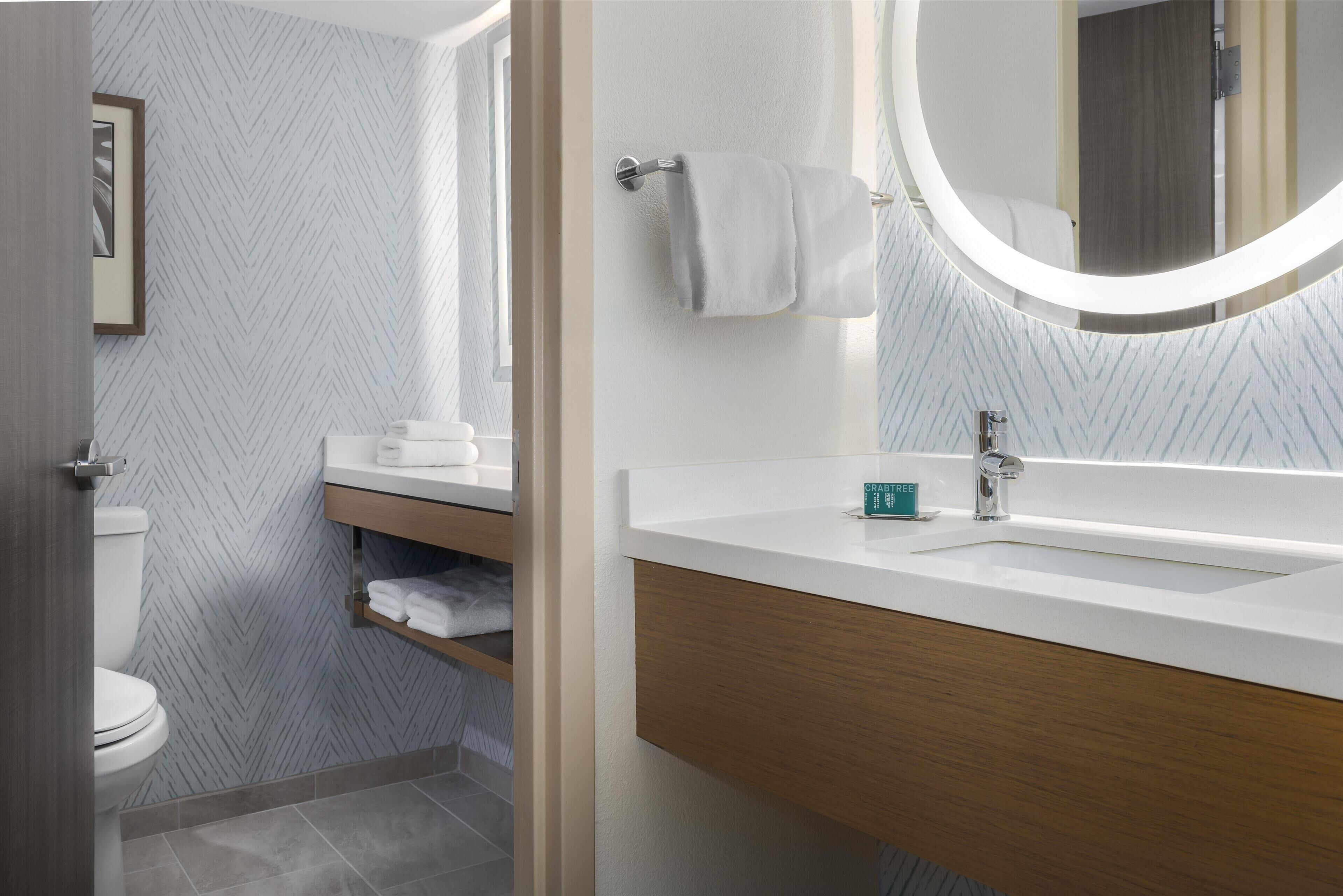 combined shower/bathtub, free toiletries, hair dryer, towels