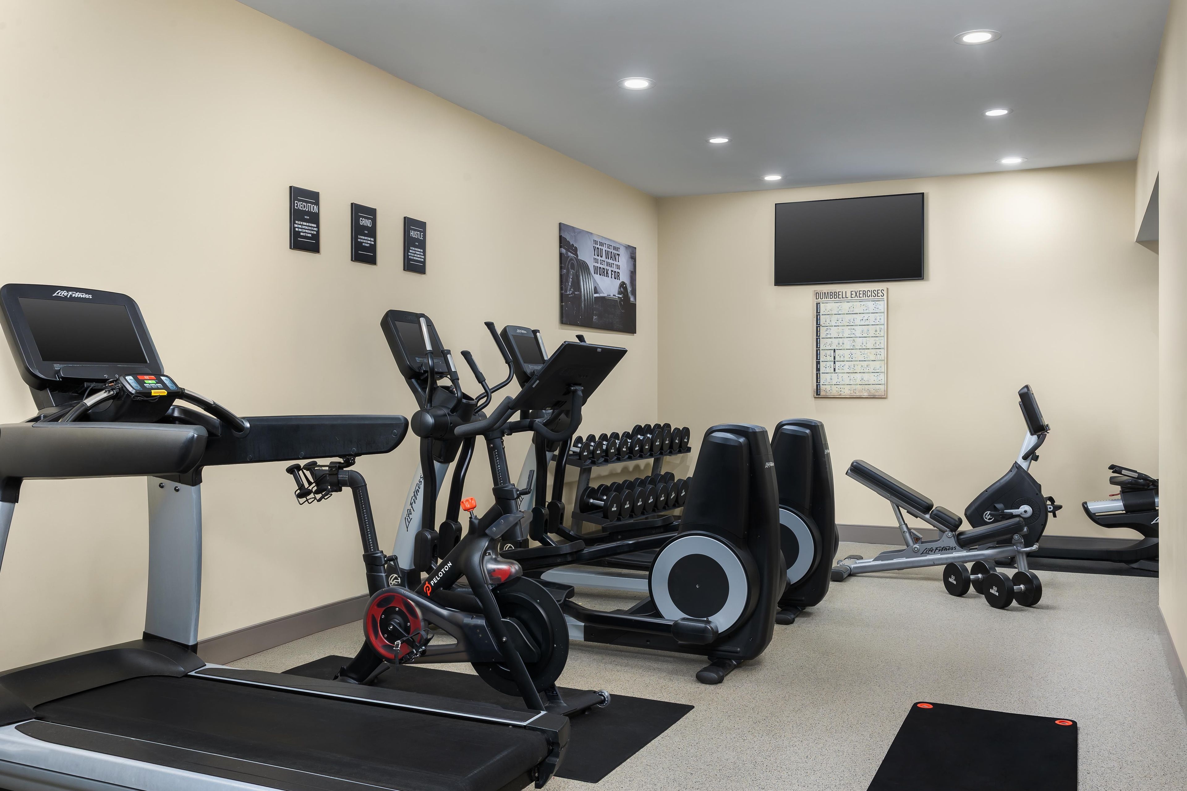 A gym with treadmills, elliptical machines, and dumbbells.