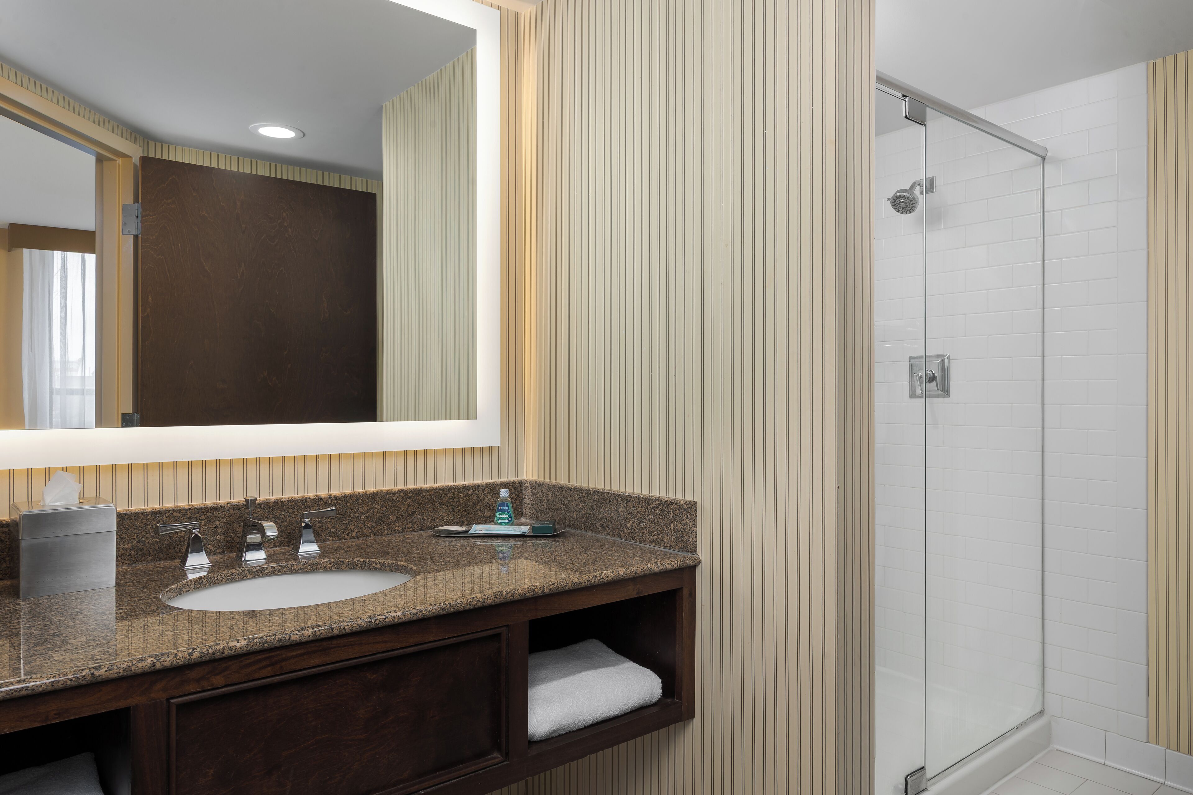 Combined shower/tub, free toiletries, hair dryer, towels