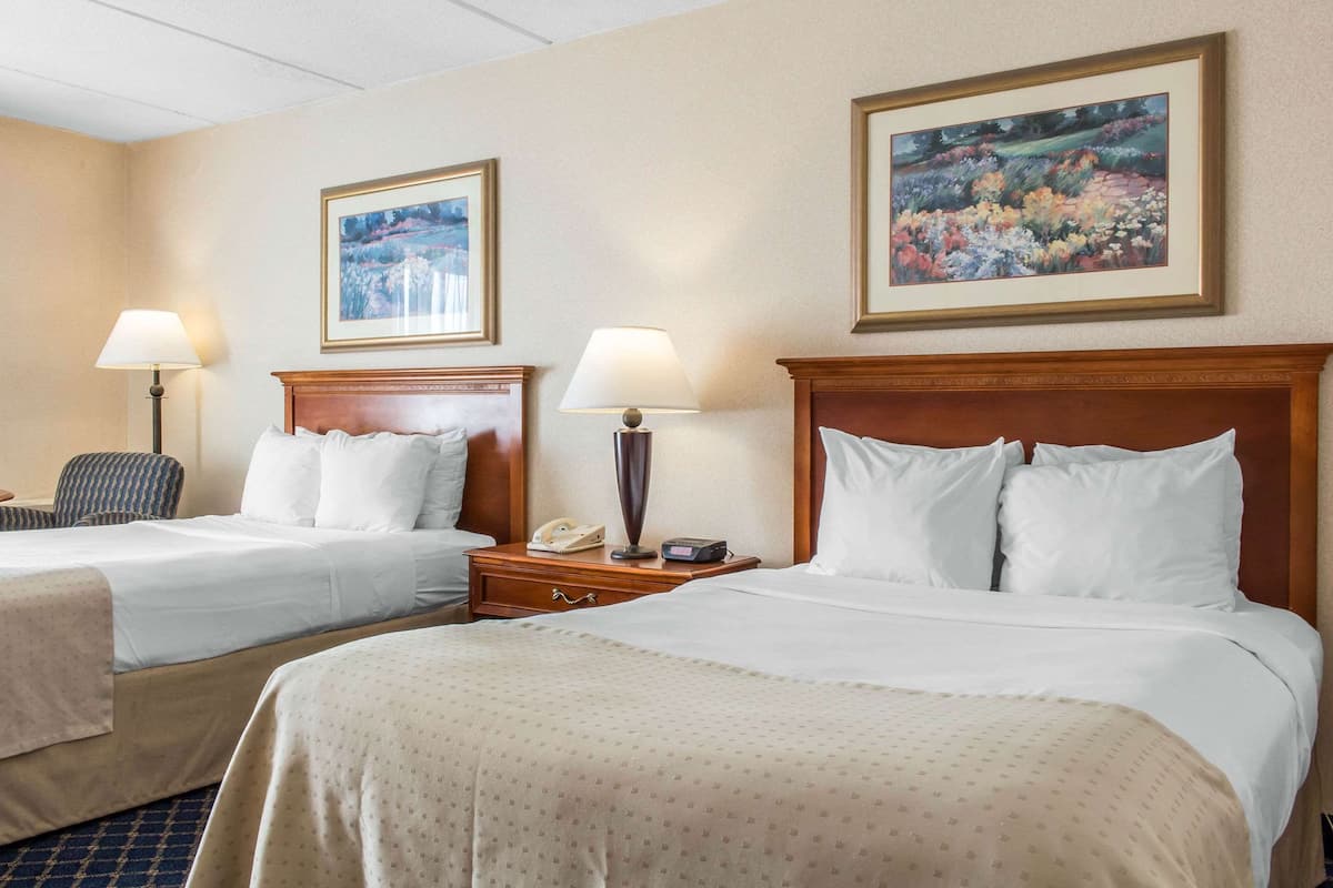 A hotel room with two beds, a nightstand with a lamp, a chair, and two framed pictures on the wall.