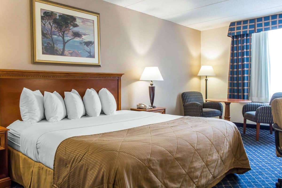 A hotel room with a large bed, a desk, two chairs, a painting on the wall, and a window with curtains.