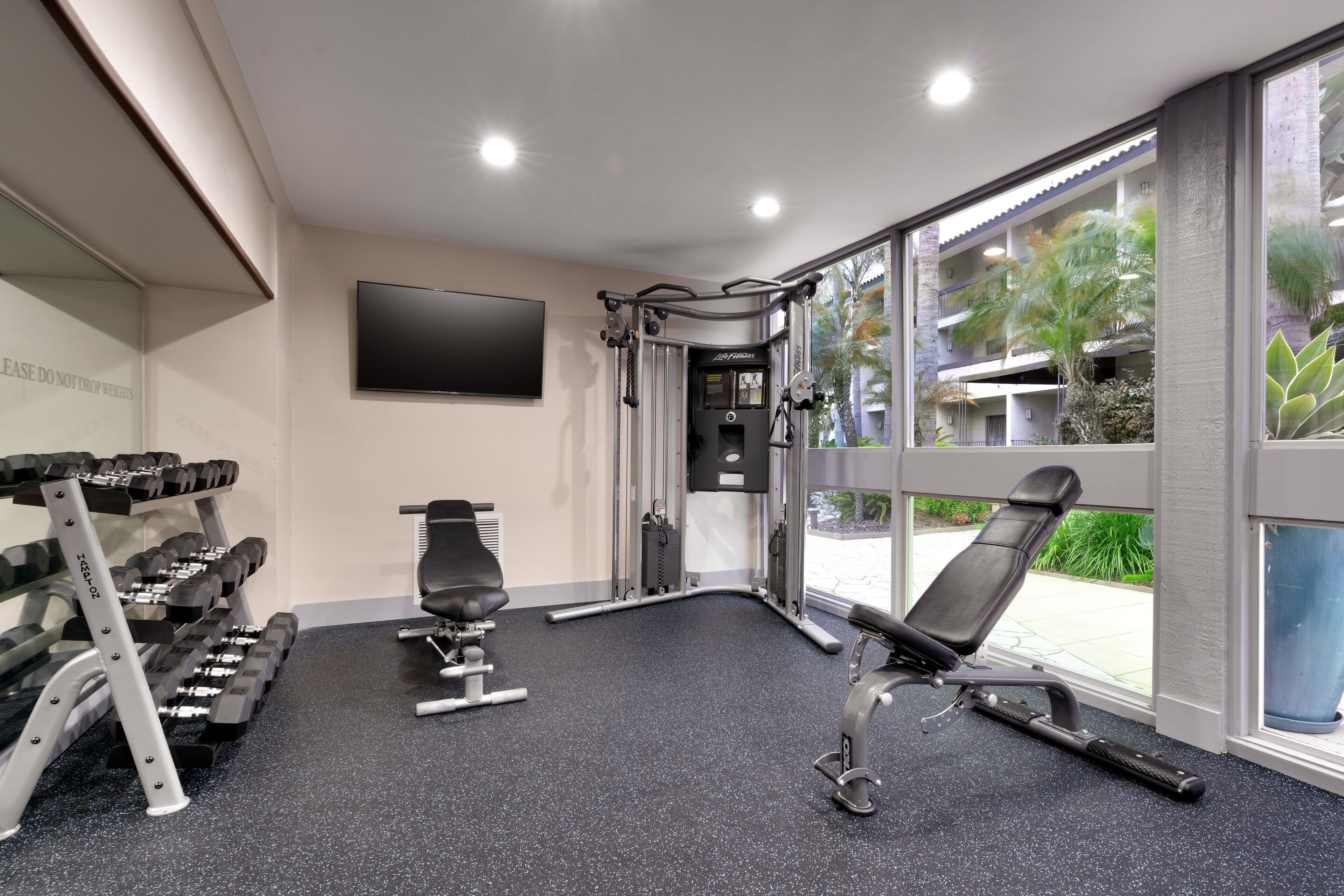 A gym with exercise equipment, a TV, and large windows overlooking a building.