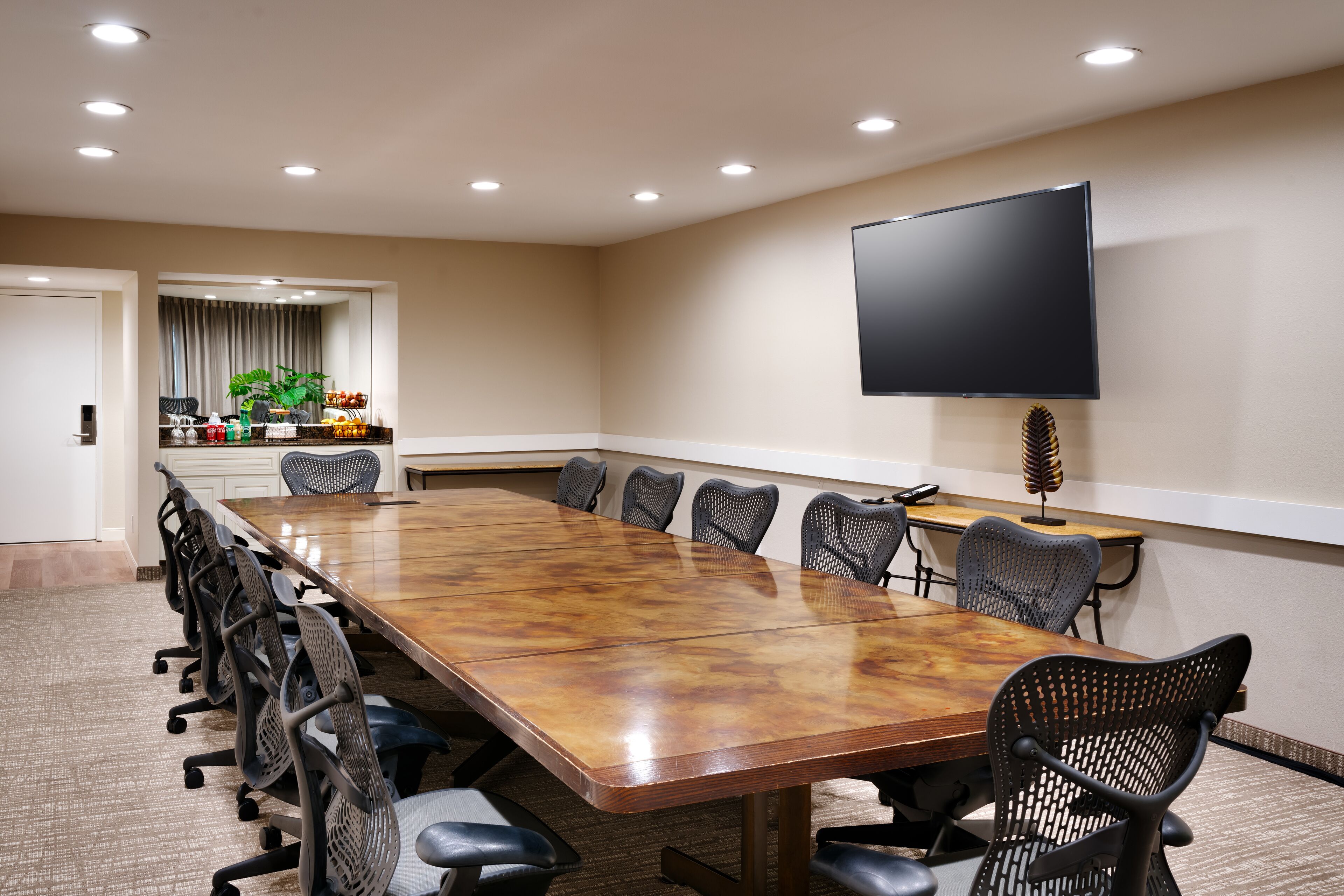 A conference room with a long table, chairs, a flat-screen TV, and a plant in the background.