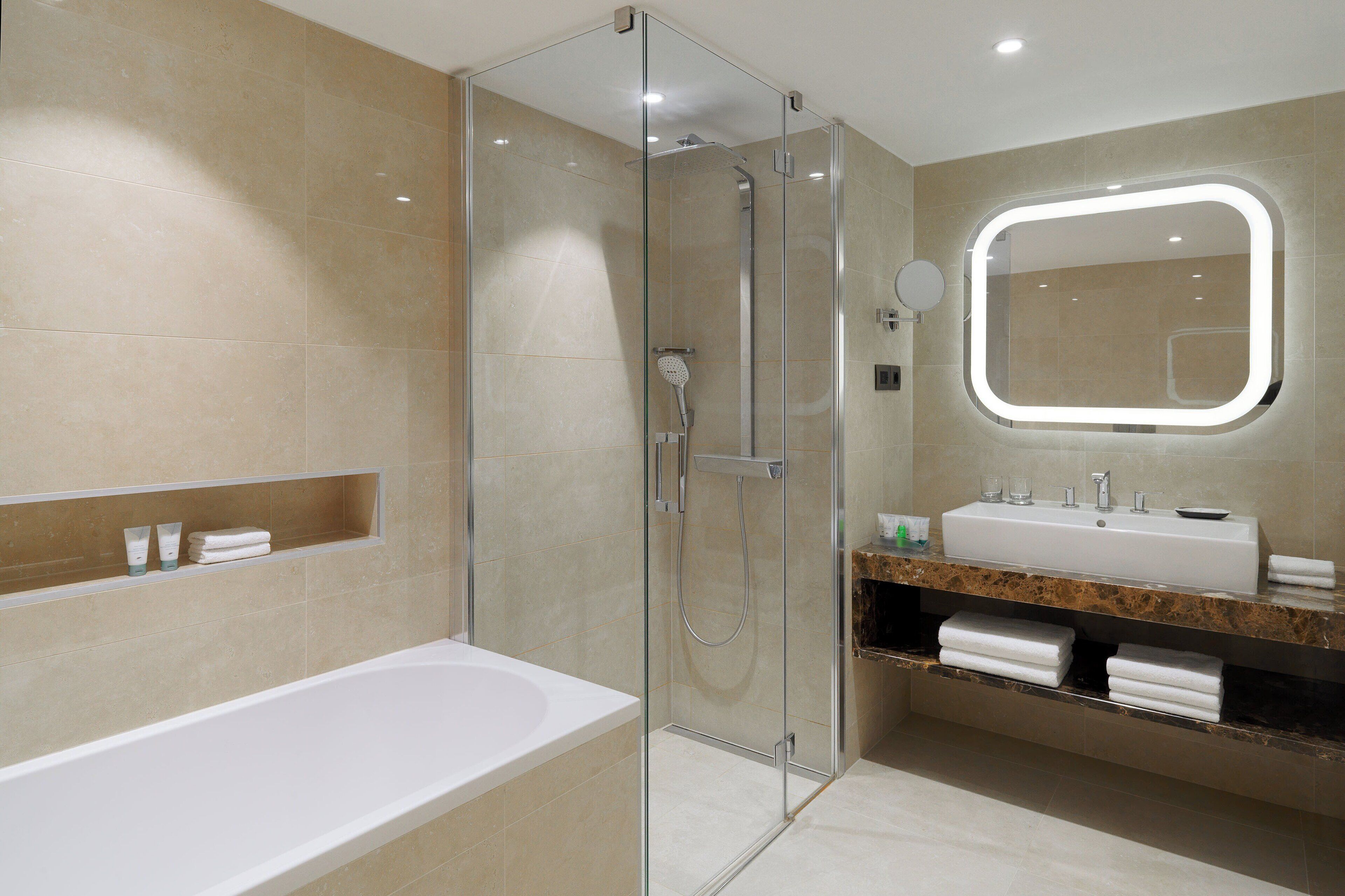 combined shower/bathtub, free toiletries, hair dryer, bathrobes