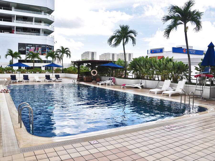 Outdoor pool, pool umbrellas, pool loungers