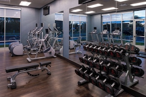 Un gimnasio con máquinas de cardio, bancos de pesas y mancuernas.
