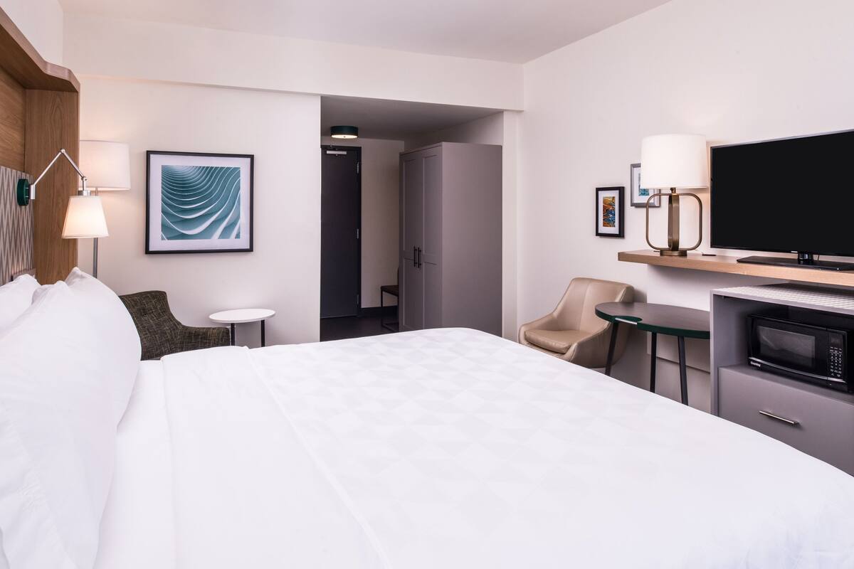 A hotel room with a bed, a desk, a chair, a television, and a microwave.