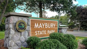 A stone wall with a sign for Maybury State Park.