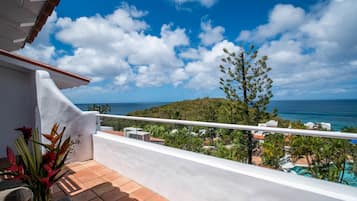 A balcony with a view of the sea, a white railing, and a vase with flowers.