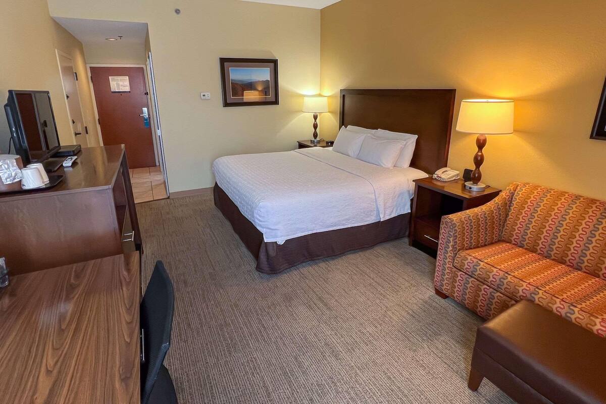 A hotel room with a bed, a desk with a phone, a chair, a sofa, and a picture on the wall.