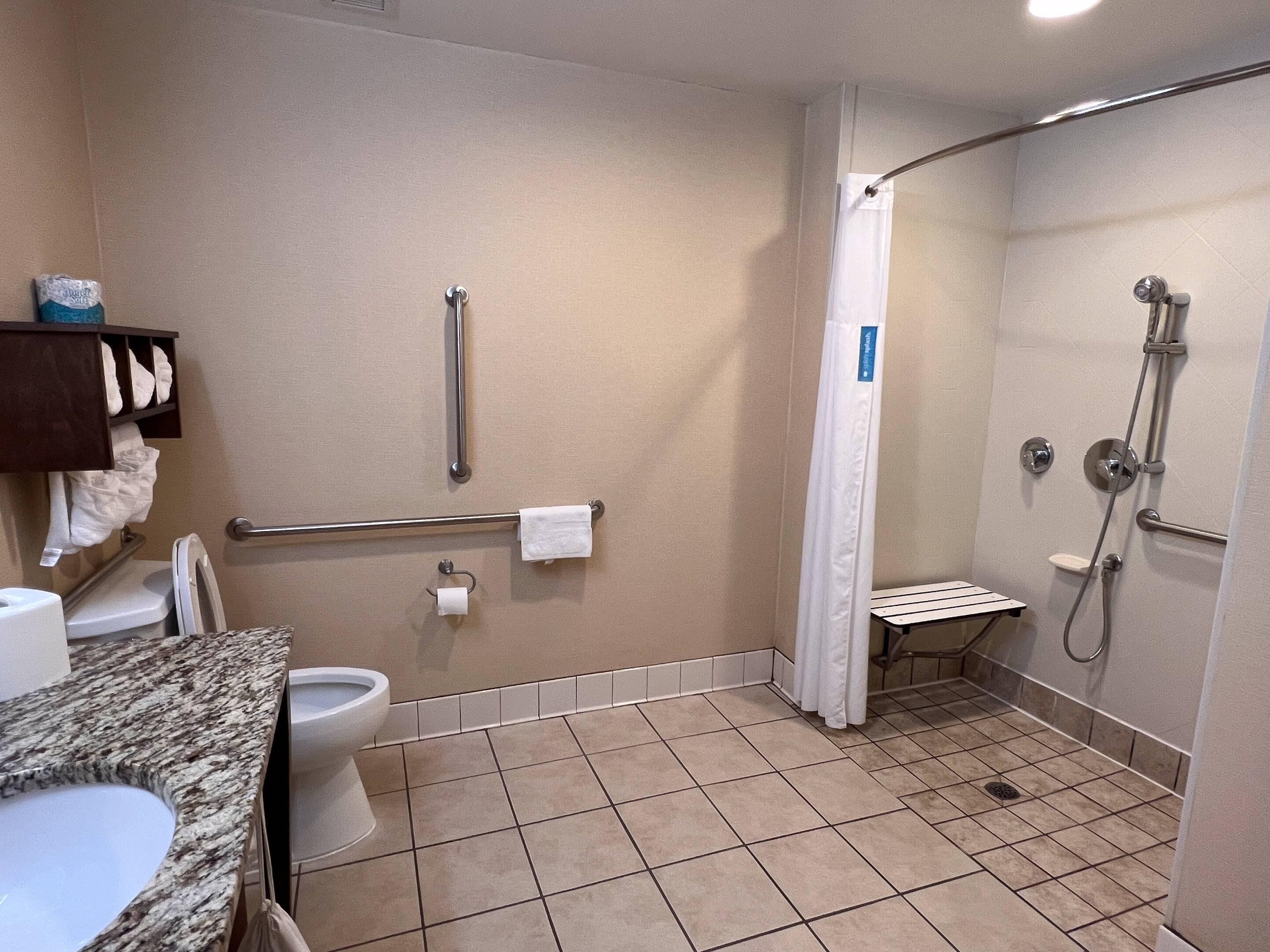 Un baño con inodoro, lavabo, barras de apoyo, ducha y toallero.