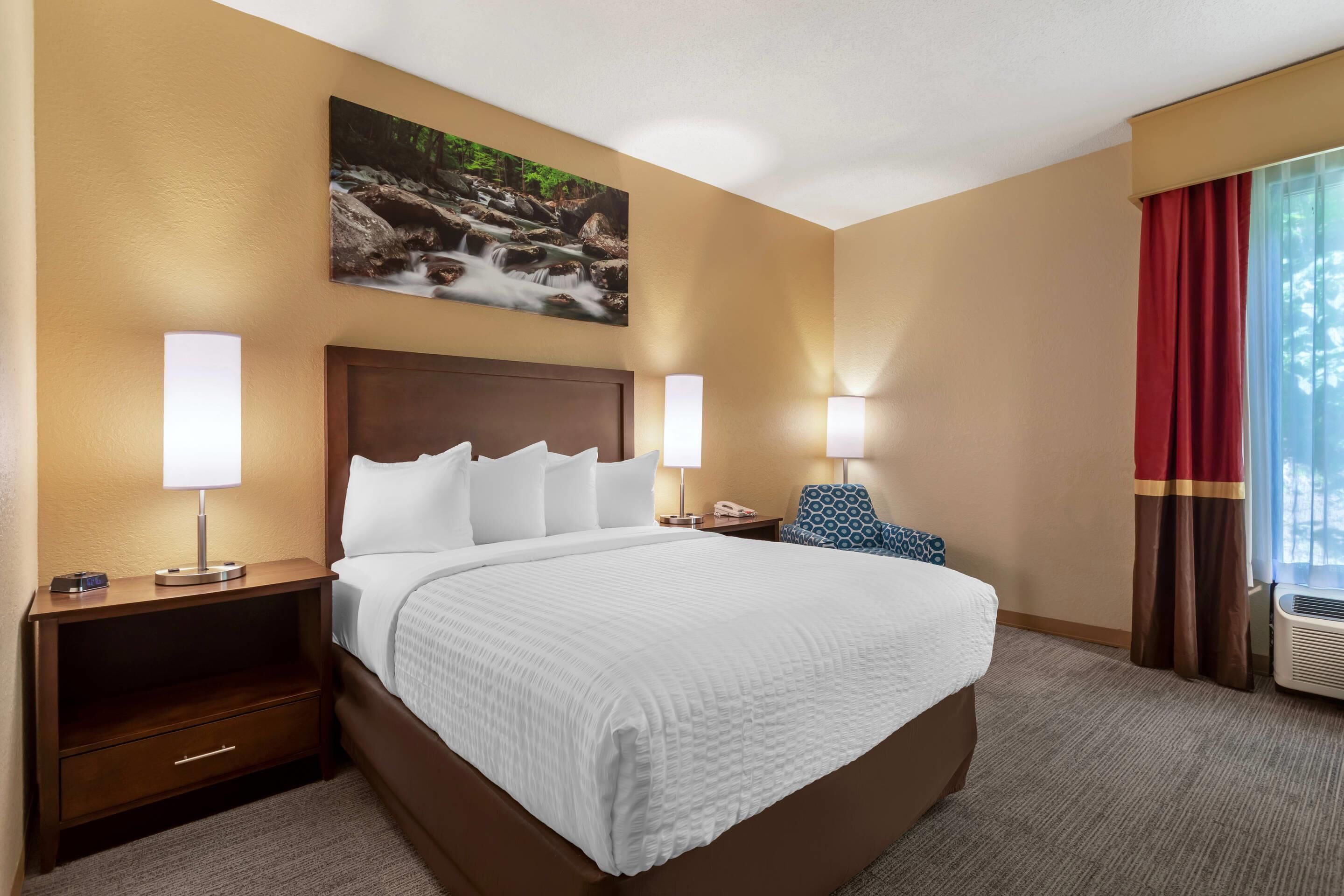 Premium bedding, pillowtop beds, desk, blackout drapes