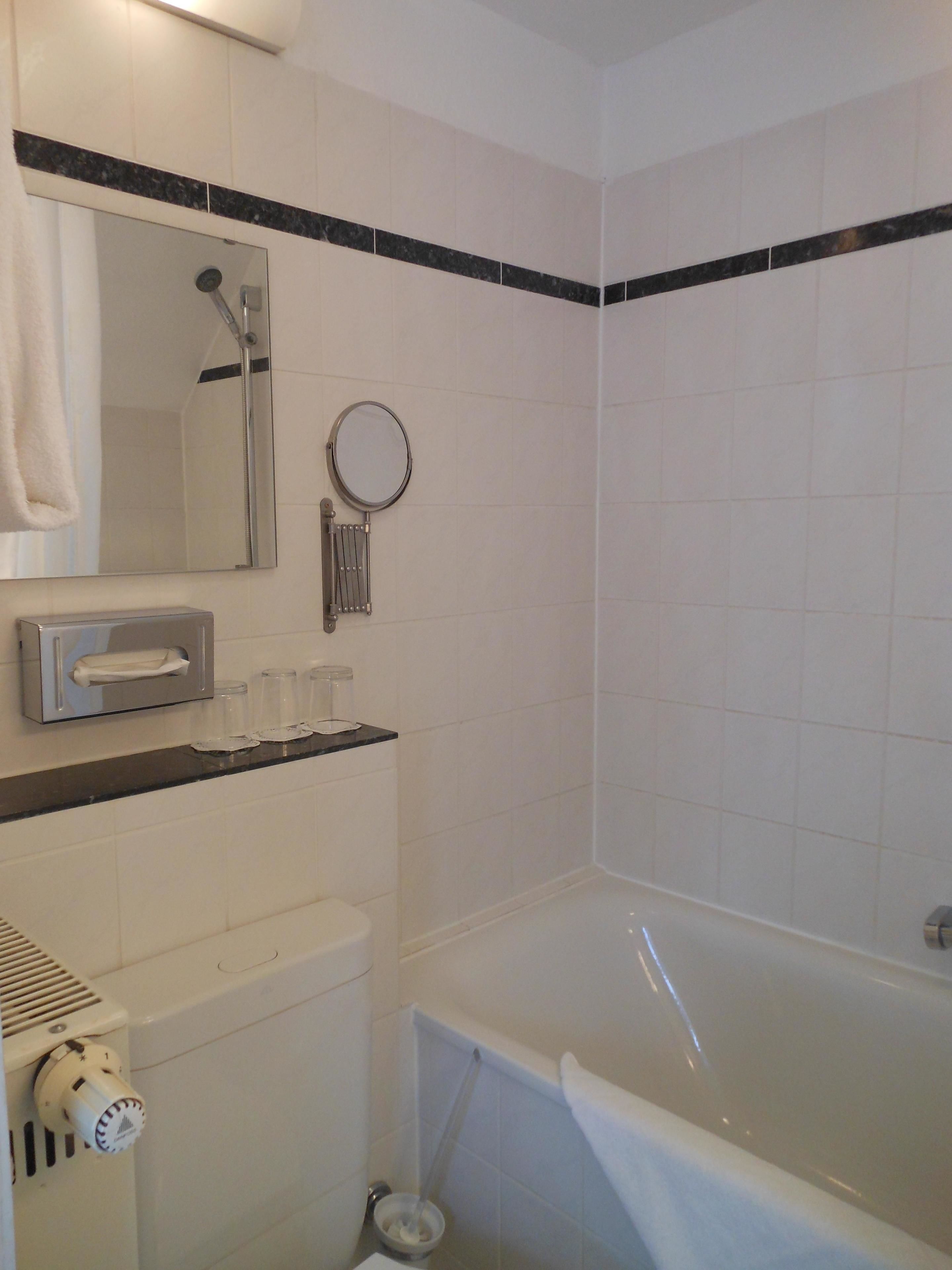 combined shower/bathtub, free toiletries, hair dryer, towels