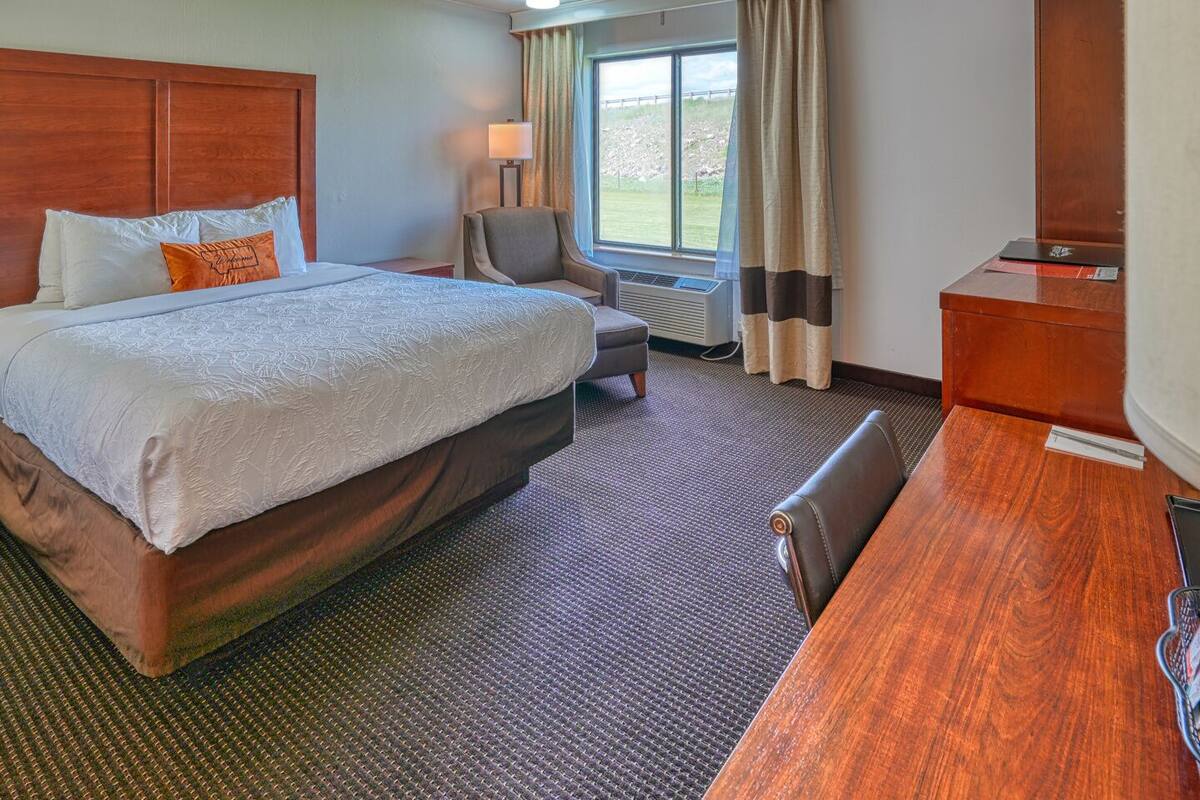 A hotel room with a large bed, a desk, a chair, a lamp, and a view of the outdoors.