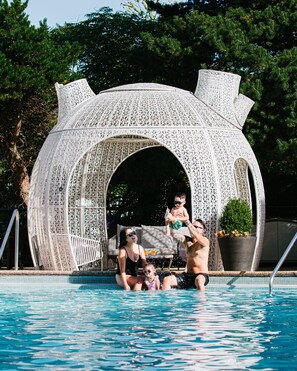 Indoor pool, outdoor pool, free pool cabanas, pool umbrellas