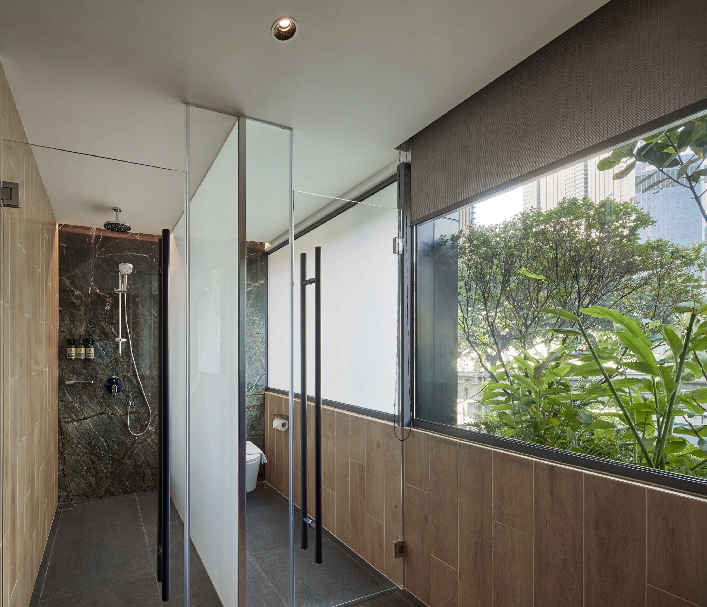 A modern bathroom with a glass shower enclosure, a toilet, and a large window offering a view of greenery and buildings.