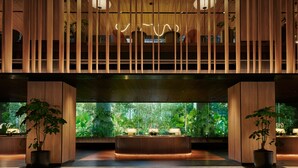 A modern reception area with a wooden reception desk, two potted plants, and a large window with a view of greenery. - PARKROYAL COLLECTION Kuala Lumpur (Kuala Lumpur)