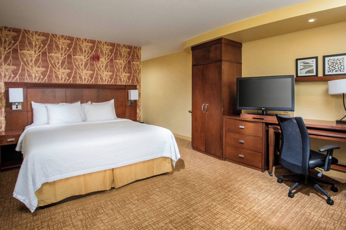 Habitación de hotel con una cama grande, un escritorio con computadora, televisor y armario.
