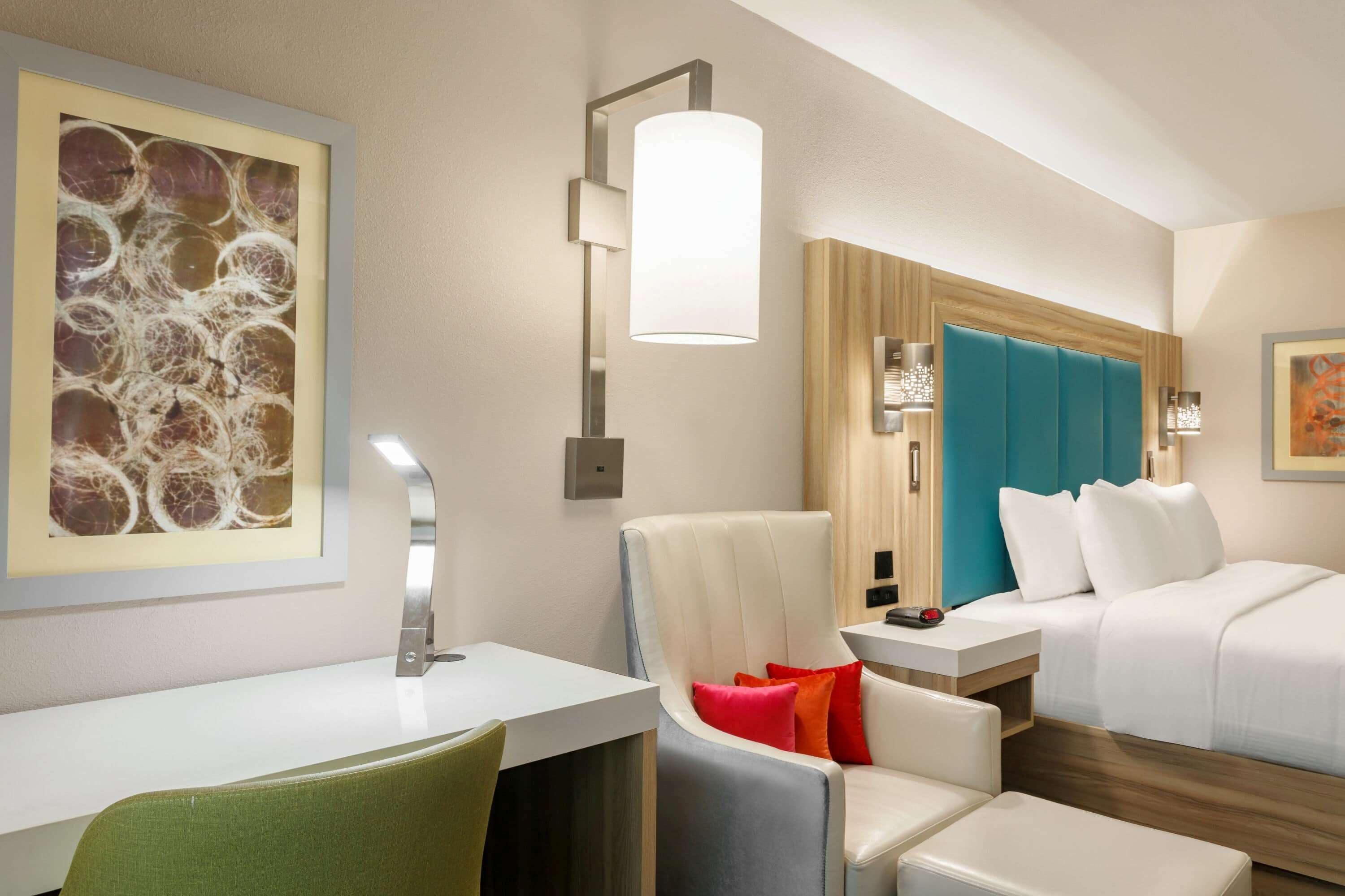 premium bedding, pillow-top beds, desk, blackout curtains