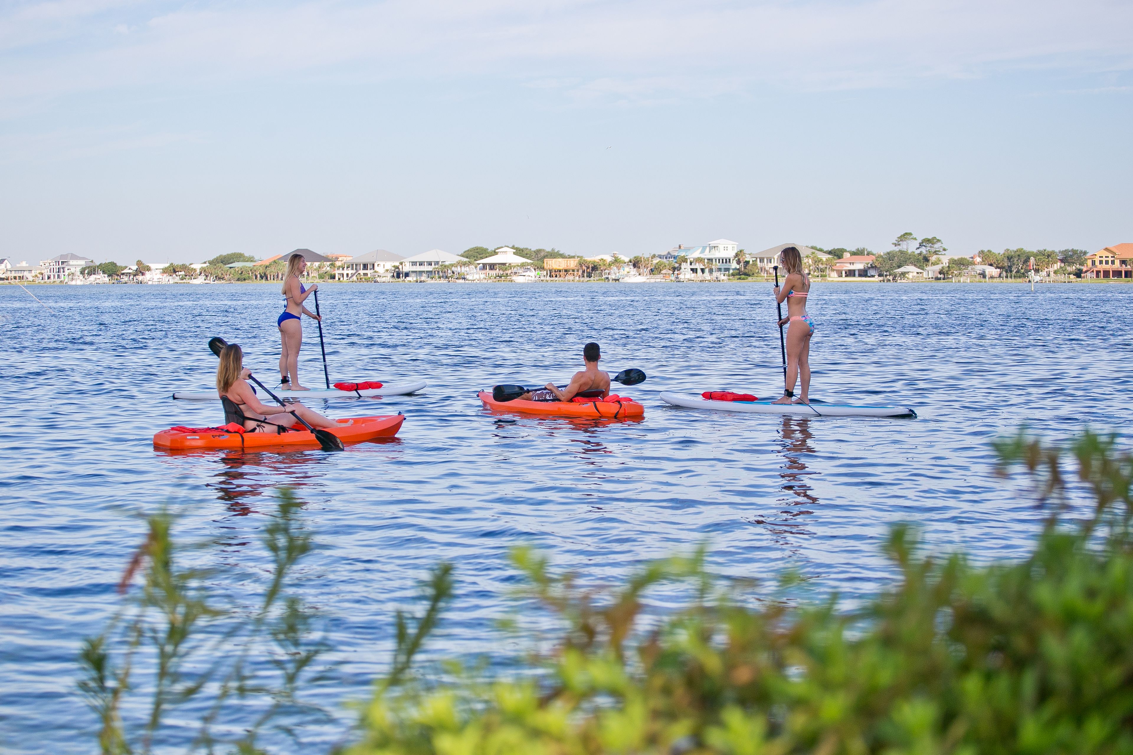 A group of people on paddleboards in a calm body of water with houses in the background.