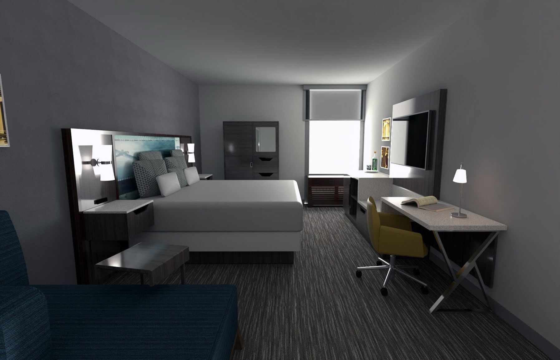 Premium bedding, desk, laptop workspace, blackout drapes