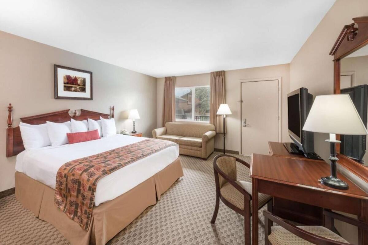 A hotel room with a bed, a desk, a chair, a television, and a window with curtains.