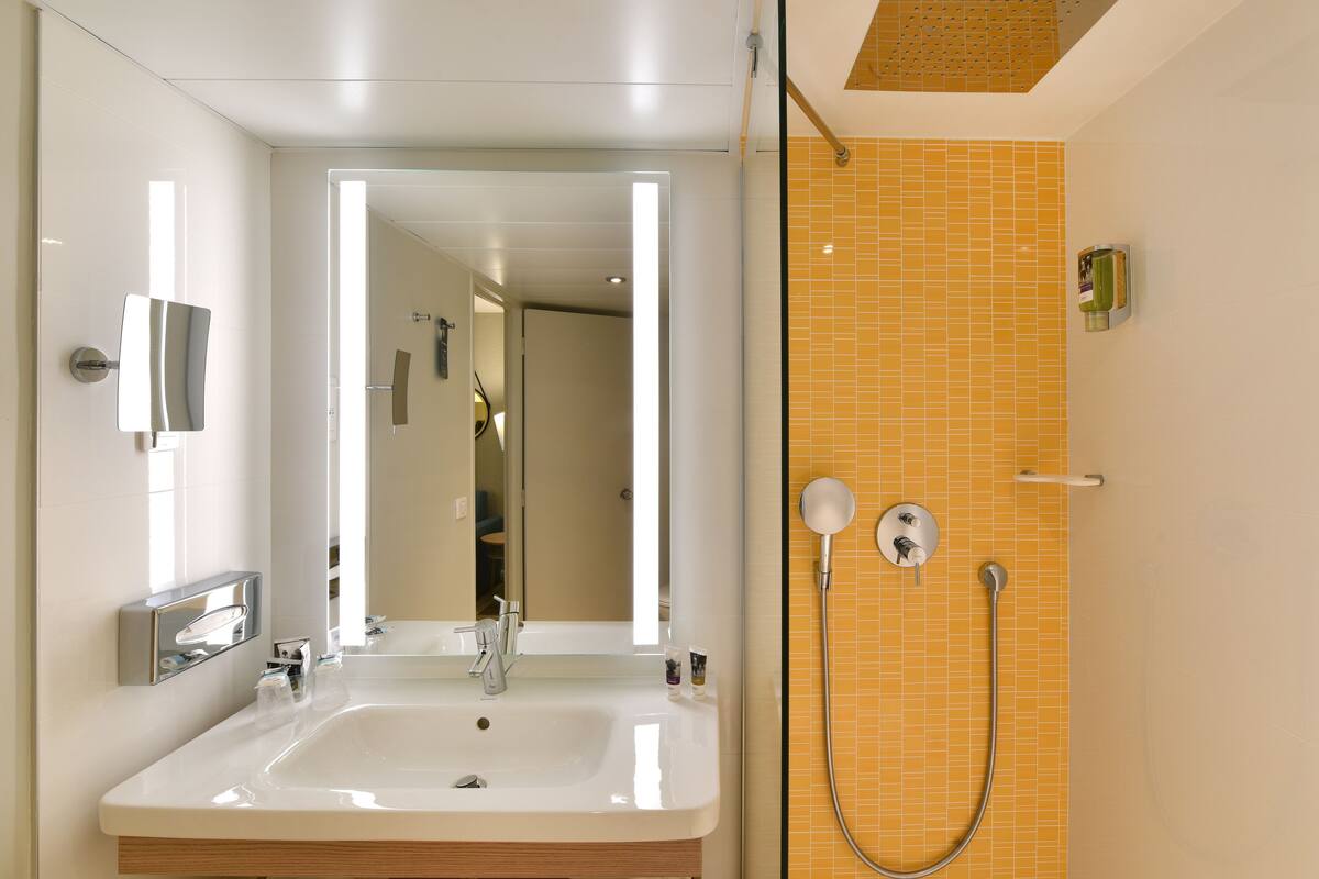 eco-friendly toiletries, hair dryer, towels, soap