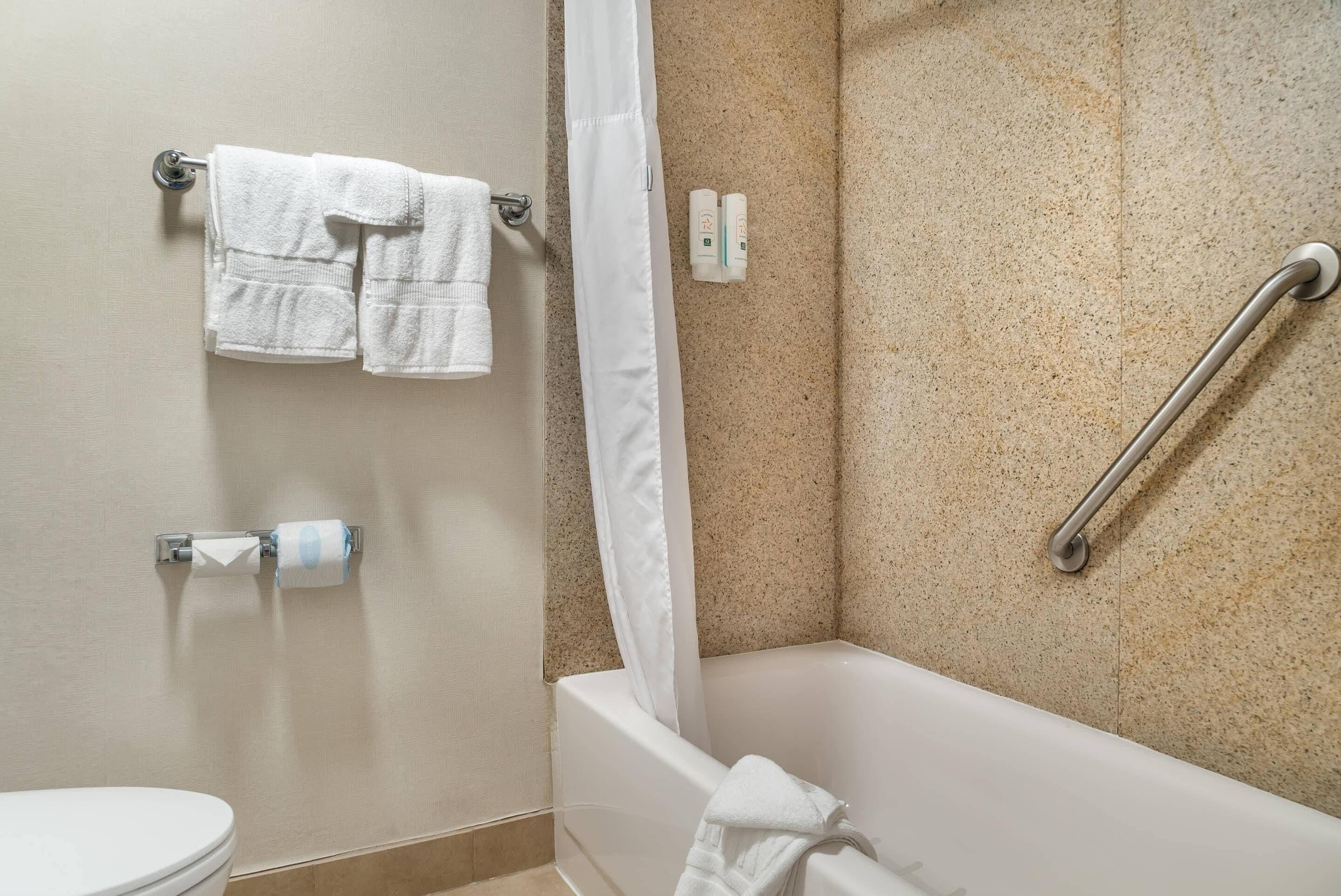 A bathroom with a bathtub, a toilet, and a shower curtain.