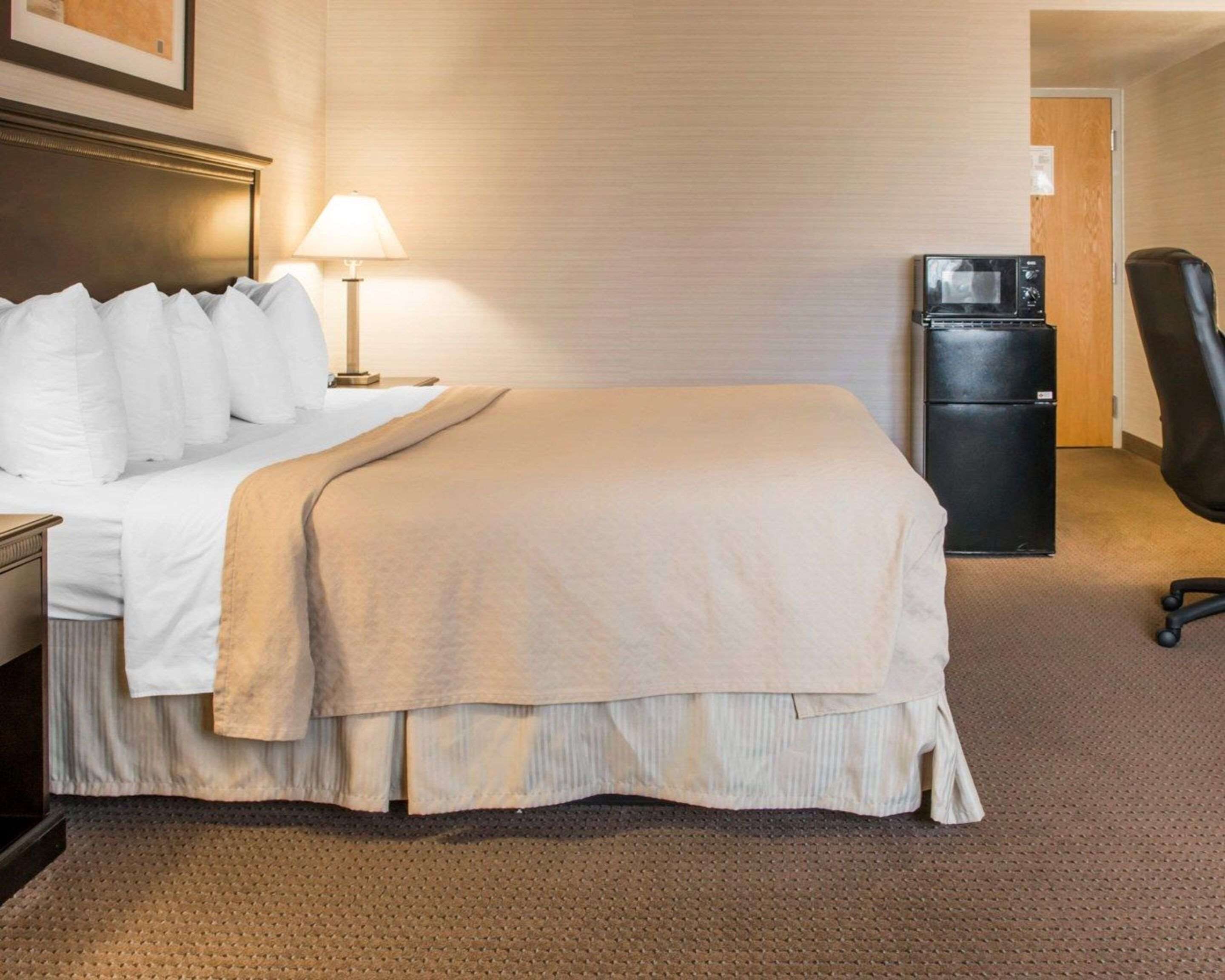 Une chambre d’hôtel avec un lit, un bureau, une lampe, un réfrigérateur et une chaise.
