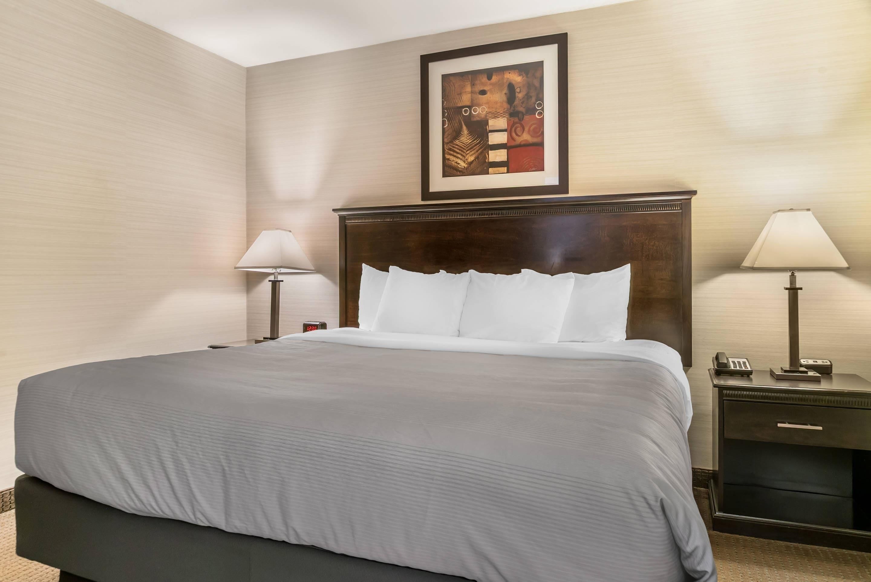 Une chambre d’hôtel avec un grand lit, deux tables de chevet avec des lampes, une œuvre d’art encadrée au-dessus du lit et une tête de lit en bois.