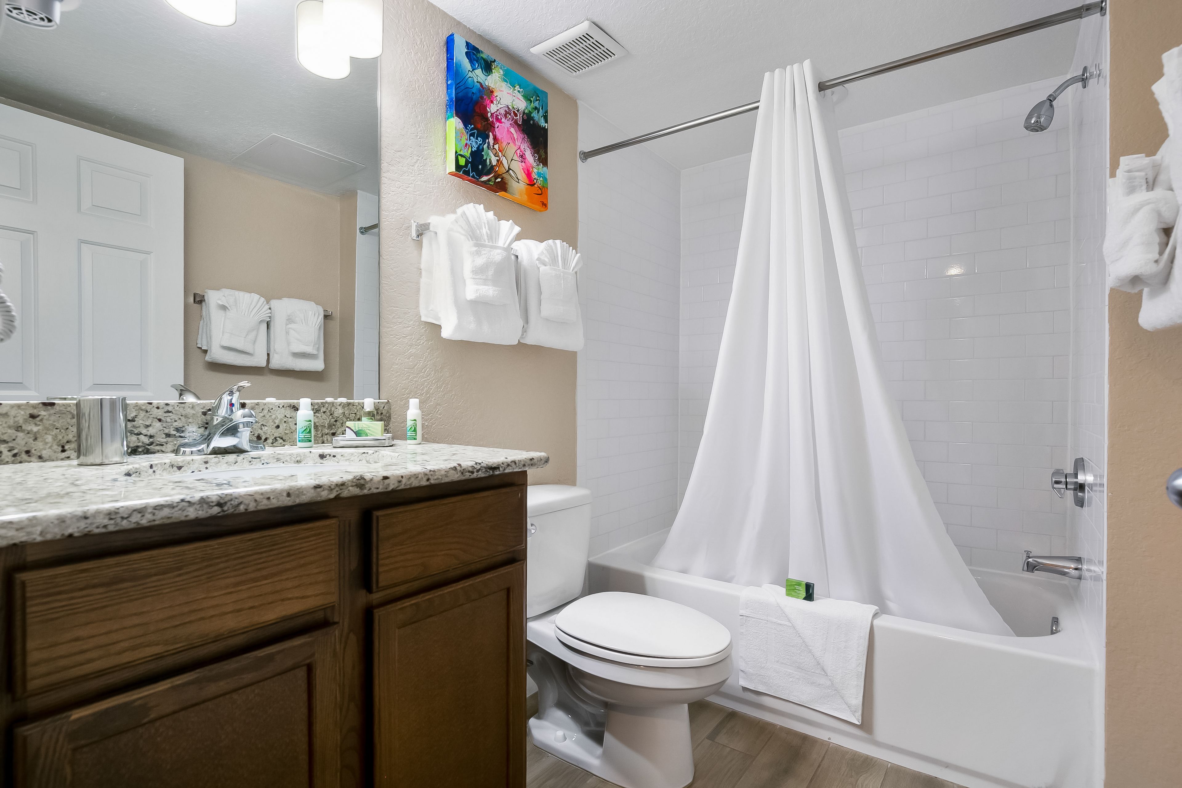 combined shower/bathtub, hair dryer, towels, soap