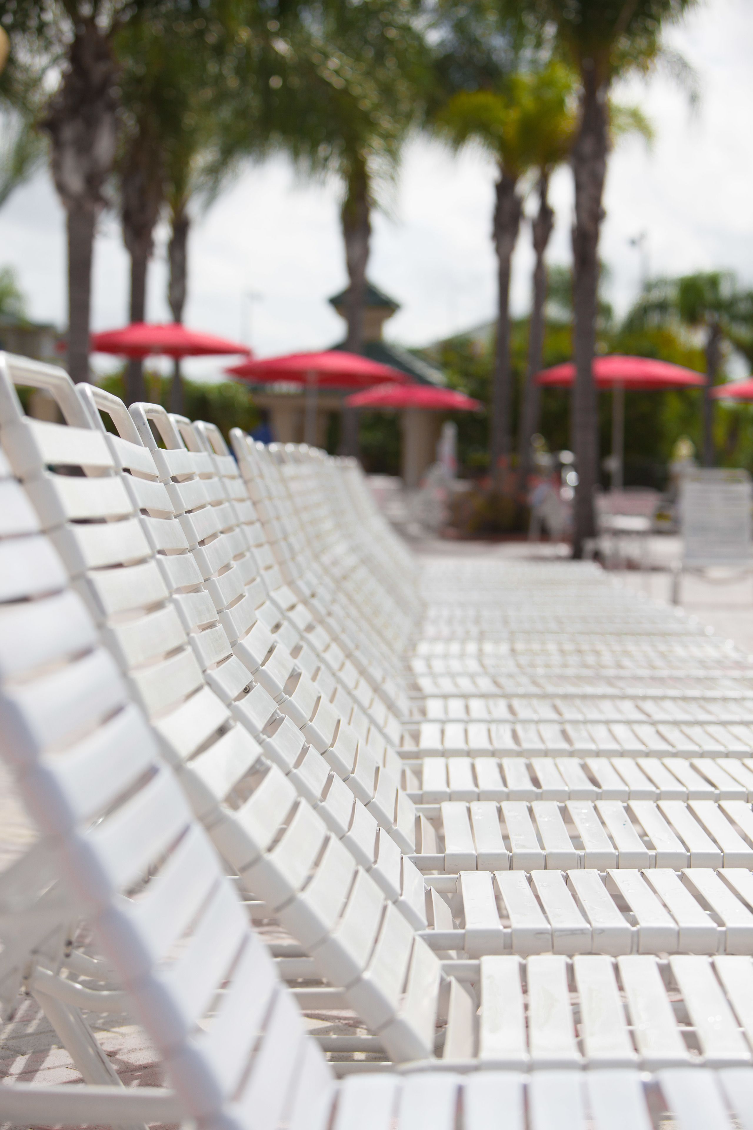 A row of white metal lounge chairs with a view of palm trees and red umbrellas in the background.
